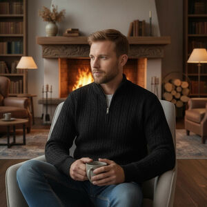 IZOD Men's Medium Black Cable Knit Quarter Zip Sweater